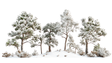Group of snow-covered trees forming a picturesque winter scene, perfect for nature themed designs or seasonal decorations.