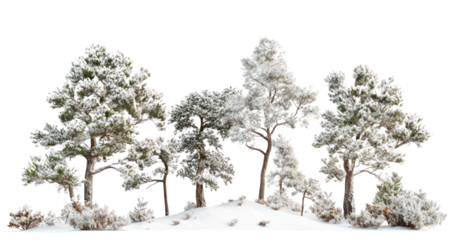 Group of snow-covered trees forming a picturesque winter scene, perfect for nature themed designs or seasonal decorations.