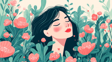 Naklejka premium A serene woman with flowing dark hair enjoys a peaceful moment among lush greenery and blooming flowers, her eyes closed in bliss, radiating harmony, beauty, and tranquility.