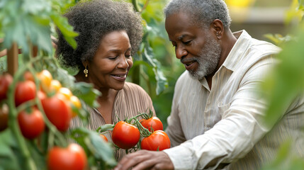 Elderly couple joyfully harvesting ripe tomatoes in a lush garden during a sunny afternoon in summer