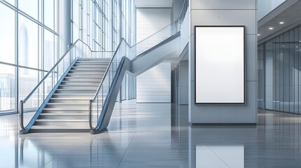 modern office interior, sleek staircase, glass walls, minimalist design, futuristic architecture, bright natural lighting, reflective floor, digital display screen, empty hallway, corporate