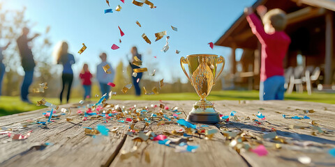 golden trophy surrounded by colorful confetti on rustic wooden table, celebrating joyful moment outdoors