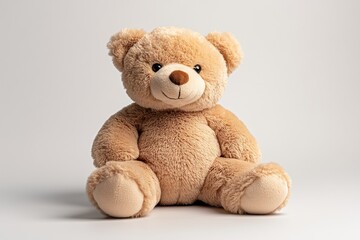 Fototapeta premium Soft teddy bear sitting against a neutral background capturing warmth and comfort for all ages
