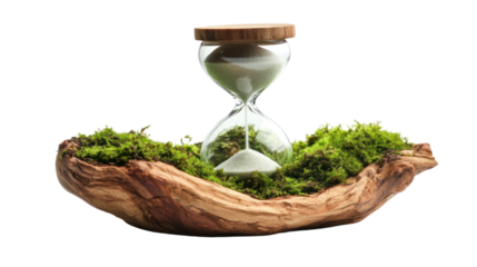 A beautiful hourglass surrounded by vibrant green moss, set in a natural wooden bowl. Perfect for themes of time and nature.