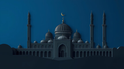 Obraz premium Bold flat design mosque illustration with geometric domes and paper-cut style