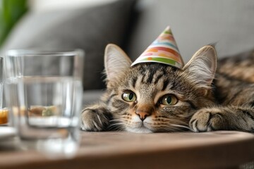 Cute tabby cat wearing a party hat relaxes on a table surrounded by snacks and drinks during a celebration