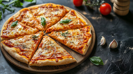 Close-up of freshly baked pizza with melted cheese, tomato sauce, and basil leaves, food photography, Italian cuisine, pizza slice, delicious meal, culinary delight, pizza toppings, savory food
