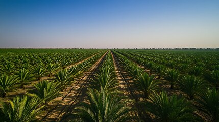 Vast rows of date palm trees under a clear blue sky