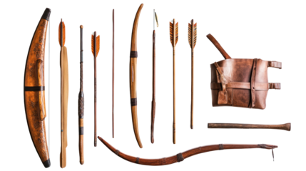 A collection of traditional archery equipment featuring a variety of bows, arrows, and a leather quiver, set against a white isolated background.