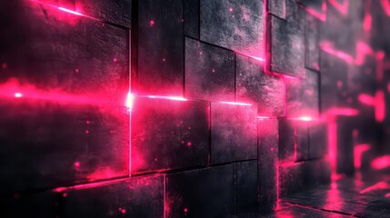 A vibrant, abstract wall design featuring glowing pink lines against a dark, textured surface, creating a futuristic, digital aesthetic.