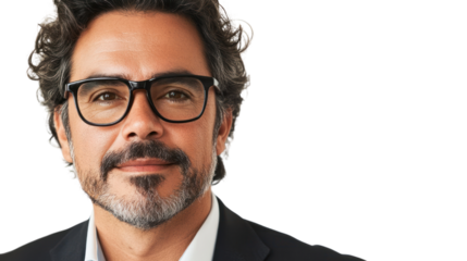 Portrait of a confident man wearing glasses, smiling, dressed in a suit with a natural background, showcasing professionalism and approachability.