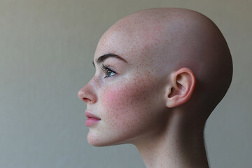 A brave and strong woman with a bald head, symbolizing her fight against cancer, radiating courage and resilience, perfect for themes of strength, hope, and awareness.