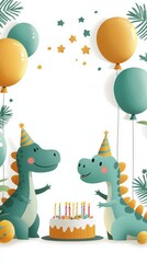 Naklejka premium Dinosaurs celebrate birthday with balloons and cake whimsical party scene cheerful environment playful viewpoint fun concept