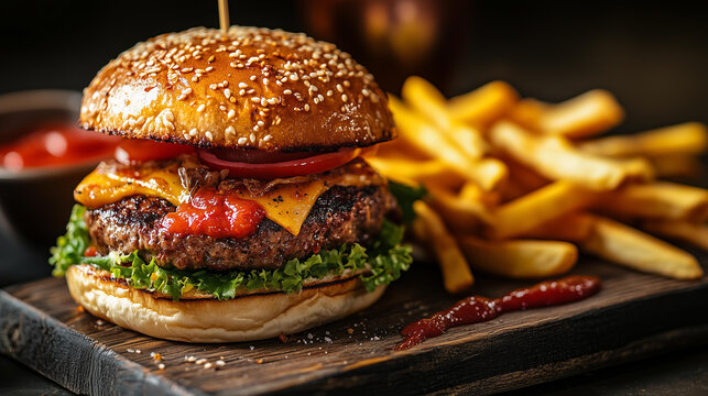 A close-up shot of a classic cheeseburger with lettuce, tomato, ketchup, and melted cheese, accompanied by crispy french fries, fast food, comfort food, burger, savory meal, food styling, gourmet food