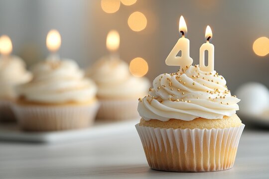 Celebration of a 40th birthday with decorated cupcakes and candles in a warm setting