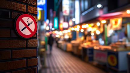 No smoking sign mounted on a brick wall in a busy food market area with vibrant lighting for public safety awareness, UHD 4K Image.	