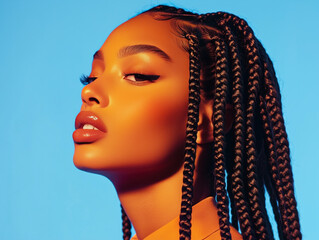 Bold Portrait of a Woman with Braided Hair Against a Vibrant Blue Background