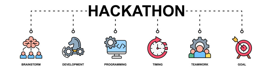 hackathon banner web icon vector illustration concept with icon of brainstorm, development, programming, timing, teamwork, goal