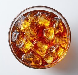 Refreshing Glass of Iced Tea with Ice Cubes Captured from Above, Showcasing Liquid Depth and Texture in a Bright and Clean Setting