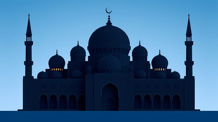 Obraz premium 3d illustration of mosque on blue background. 3d rendering. Abstract geometric mosque with layered domes and bold contrasts in flat design