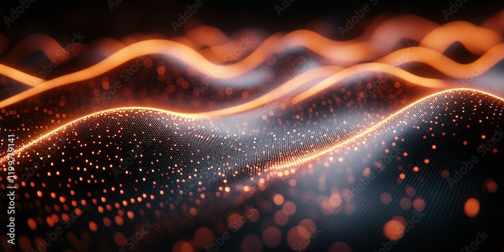 Poster dynamic wave patterns with glowing particles create a captivating visual experience in a dark backgr