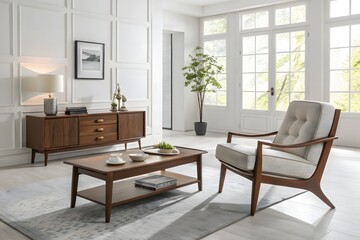 Vintage furniture with a modern interpretation, set in a bright minimalist room