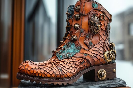steampunk boots with mechanical dragon scales that shift and move, brass gears visible beneath crystalline overlay, steam wisping from seams