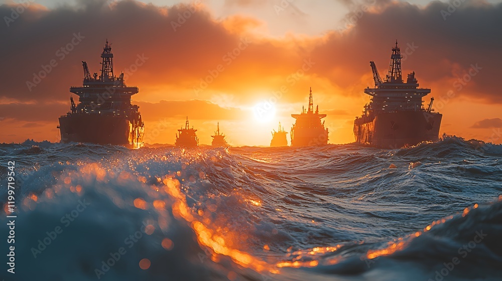 Aufkleber Sunset Over Ocean with Multiple Ships in the Horizon Creating a Serene Atmosphere and Beautiful Reflection on Water Surface Illuminated by Golden Light