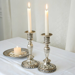 Elegant Silver Candlesticks with White Candles Festive Decor Home Interior warm life table metal    