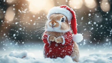 Festive rabbit wearing santa hat in snowy winter wonderland scene
