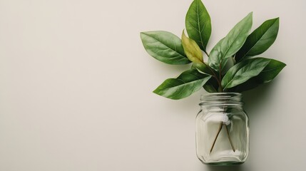 Fresh Greenery in a Clear Jar on a White Background