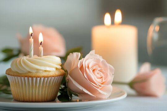 Beautifully decorated cupcake with roses and candles on a table setting for a special celebration in soft lighting