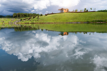The cabin is by the lake