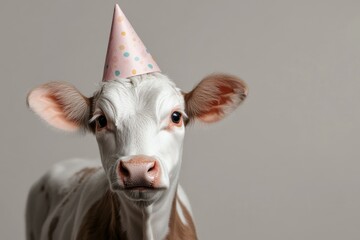 Cute calf wearing a party hat celebrates a special occasion in a cheerful indoor setting during daylight hours