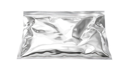 Shiny silver packaging pouch, empty and crumpled, perfect for storing food items, snacks, or other products. Isolated on a white background.