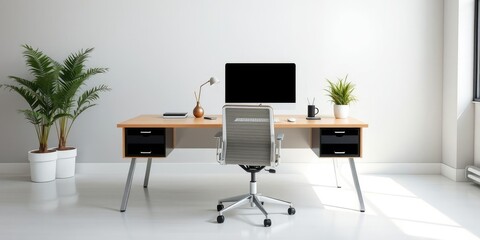 A modern and sleek office background featuring a contemporary desk, computer monitor, potted plant, and office chair, computer, professional