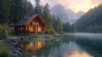 Fototapeta premium Secluded cabin, serene lake, majestic mountains.