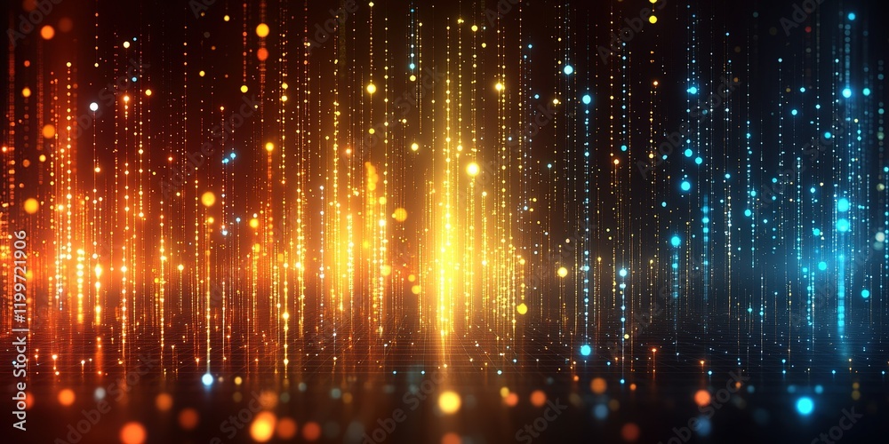 Poster colorful light patterns create a mesmerizing digital display at a nighttime event in an urban settin