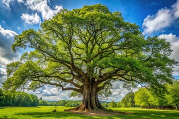 Fototapeta premium A massive ancient tree standing tall in the center of an open forest glade, scenery, regal, landscape, giant, forest