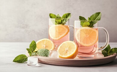 Fototapeta premium Refreshing Lemon Mint Beverage with Ice Cubes in Glasses Surrounded by Fresh Mint Leaves on a Light Background for Summer Delight