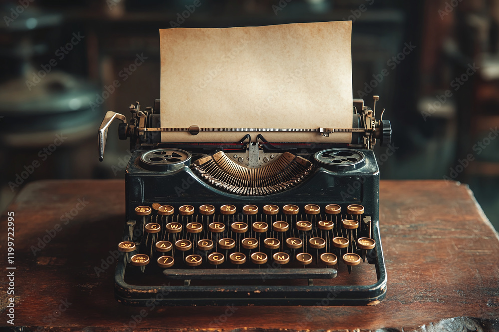 Fototapete antique typewriter with blanc sheet of paper in the carriage on rustic wooden table.