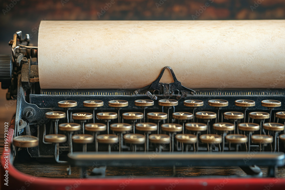 Fototapete close-up of old vintage typewriter with blanc sheet of paper in the carriage on rustic wooden table.
