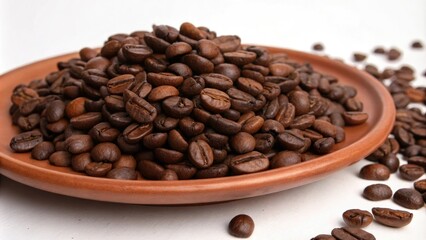 Fototapeta premium A large pile of roasted coffee beans on a terracotta plate, coffee, textured, uneven, beans