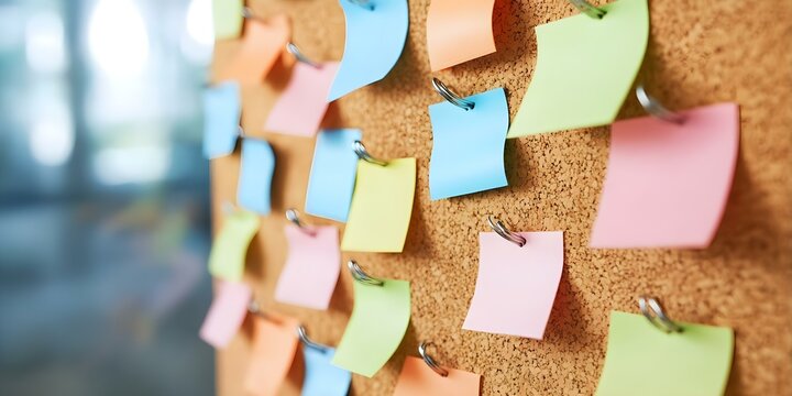 A cork board filled with colorful sticky notes in various pastel colors, organized with clips. Concept Cork Board Organization, Colorful Sticky Notes, Pastel Aesthetics, Creative Workspace
