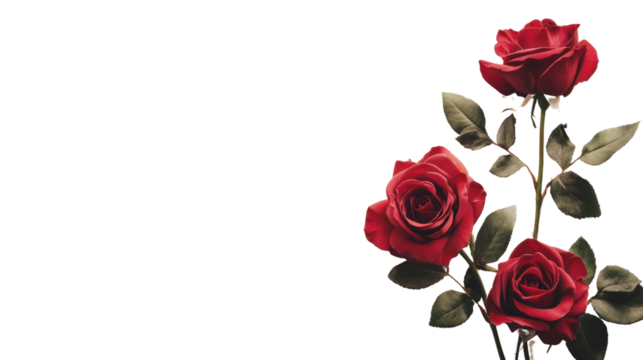 A stunning arrangement of three vibrant red roses with lush green leaves, showcasing natural beauty and elegance, perfect for decoration or gifting.