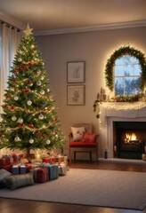 A cozy living room with a Christmas tree decorated with sparkly lights, ornaments, and garland, festive, decor, decorations