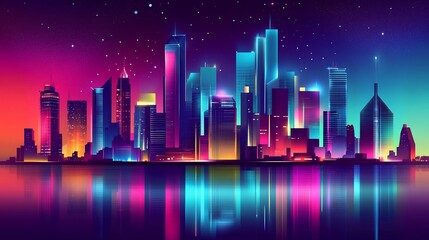 Neon Cityscape: A vibrant, futuristic metropolis reflected in a calm body of water under a starry night sky.