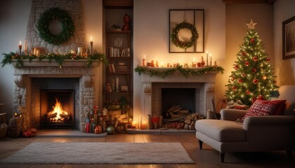A cozy and warm fireplace with festive holiday decorations and a Christmas tree, snug atmosphere, festive lights, peaceful background