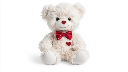 Fototapeta premium Adorable Small White Teddy Bear with Red Bow Tie on a Simple White Background