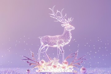 Holy light, crystal white deer, very detailed 3d animation,super clear, transparent, focusing light, optics, realism, Twig Christmas bell ornamentsred podium, pale violet background magic, fantasy, 